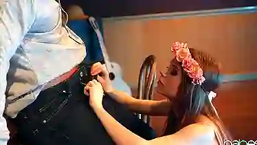 Gorgeous babe in a long dress sucked her piano teacher's dick and wanted to fuck him