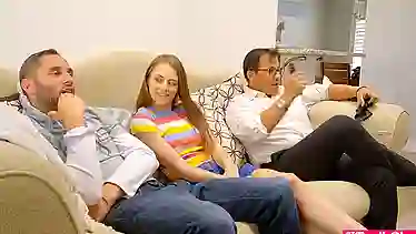 Naughty stepsiblings suck and fuck with dad right there