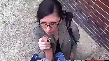 Mature Czech brunette with glasses is giving a blowjob to a stranger, to earn some cash