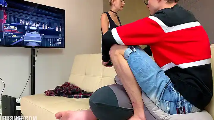 My sister gets a creampie & facial while playing her game