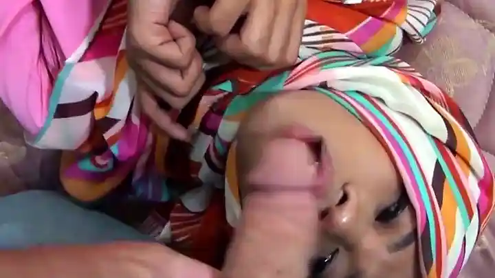 TS ladyboy in hijab tied up, cums while sucking white cock