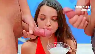 Petite teen pornstar Ohana Petite gets her tiny body pounded in POV bukkake frenzy
