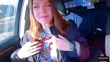 Petite Russian hitchhiker gives a public blowjob for cash and swallows cum
