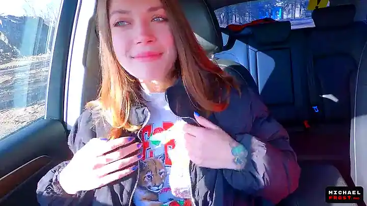 Petite Russian hitchhiker gives a public blowjob for cash and swallows cum