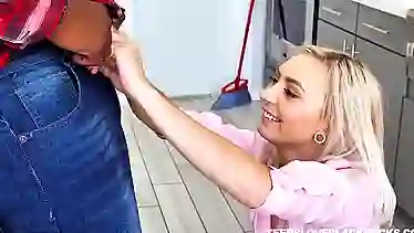 Petite blonde cleaning lady, Chloe Temple got fucked by a black guy, instead of doing her job