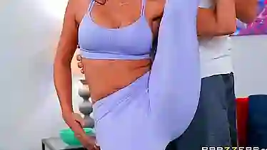 Fit brunette, Katana Kombat is doing her stretching routine and expecting a good fuck after that