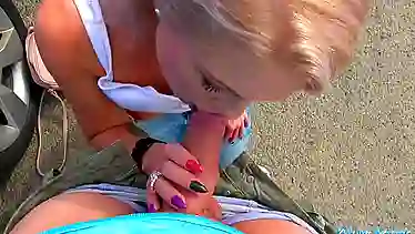 Public Agent Sexy blondes public blowjob and hot car bonnet